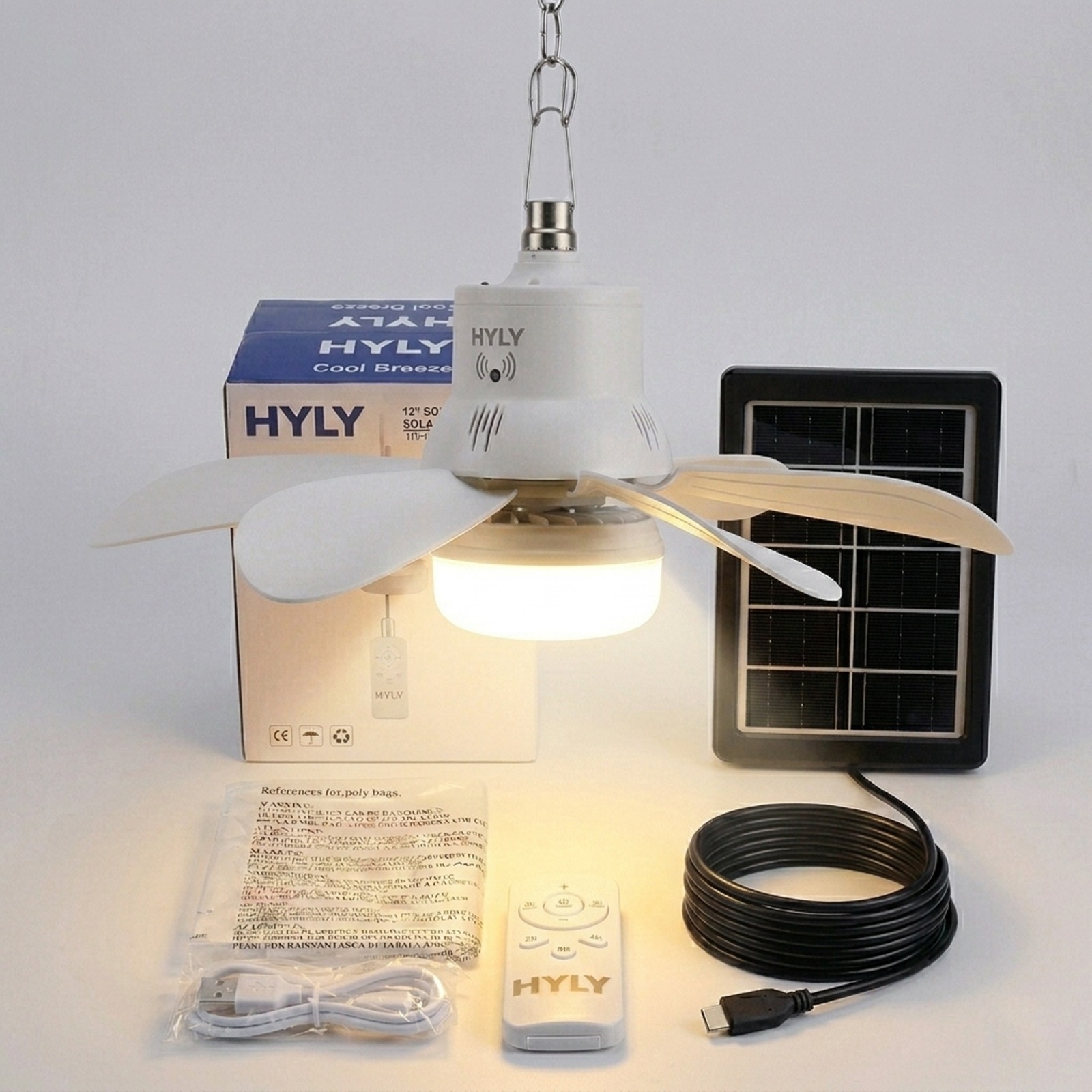 HYLY HY-RCF12 12-Inch Solar Ceiling Fan Light with Solar Panel and Remote Control